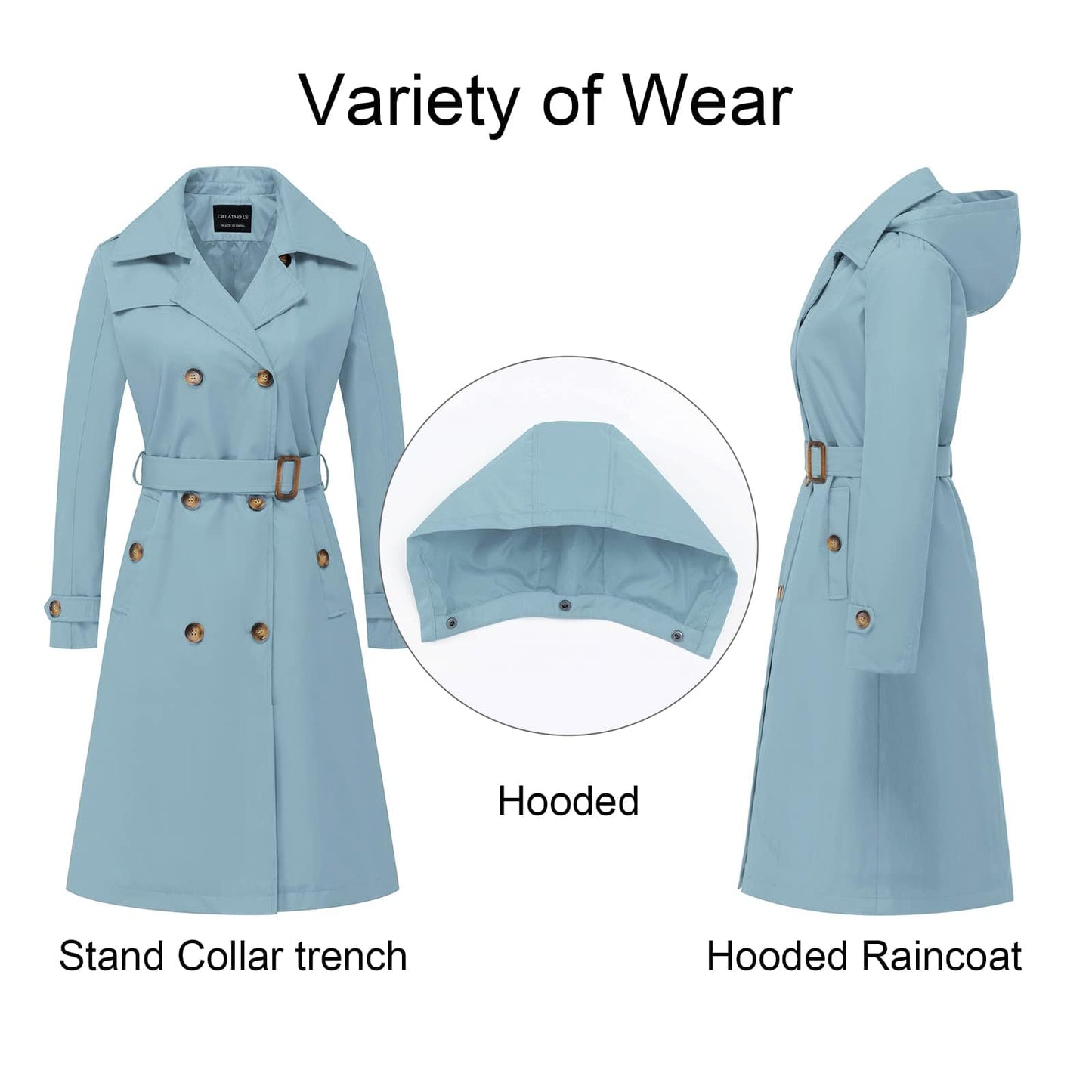 CREATMO US Women's Long Trench Coat Double-Breasted Classic Lapel Overcoat Belted Slim Outerwear Coat with Detachable Hood