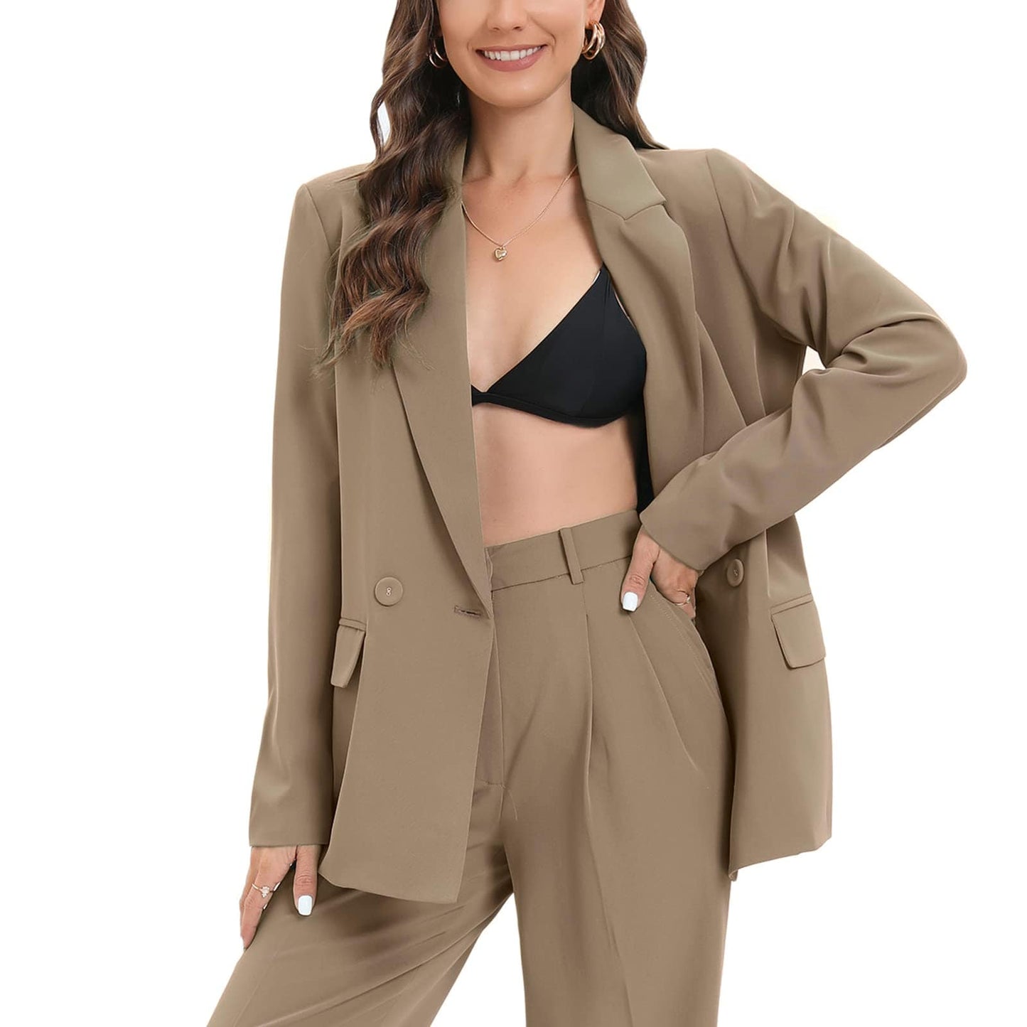 Blazer de costume surdimensionné à double boutonnage pour femme, veste à manches longues, style petit ami décontracté, blazer de travail et de bureau avec poches