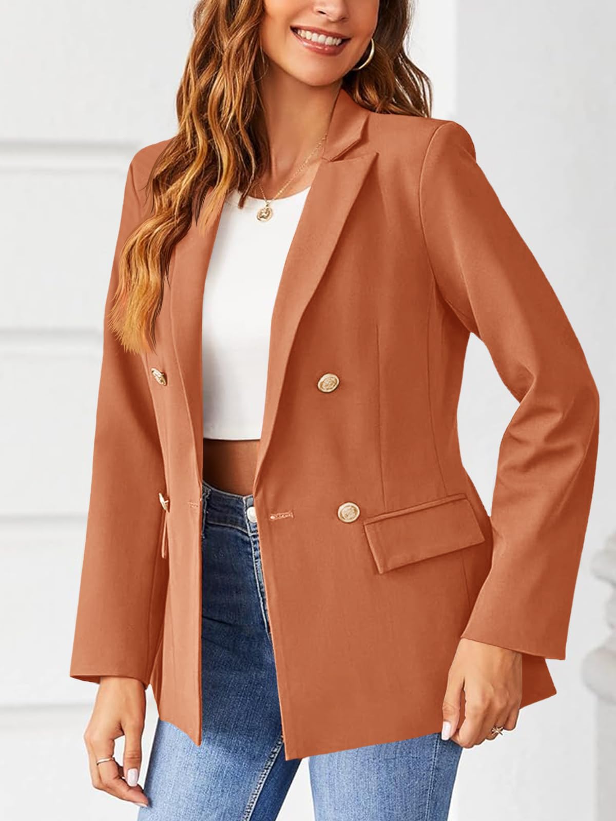 Hdieso Chaqueta tipo blazer con botones de solapa y manga larga para mujer, color sólido, informal 