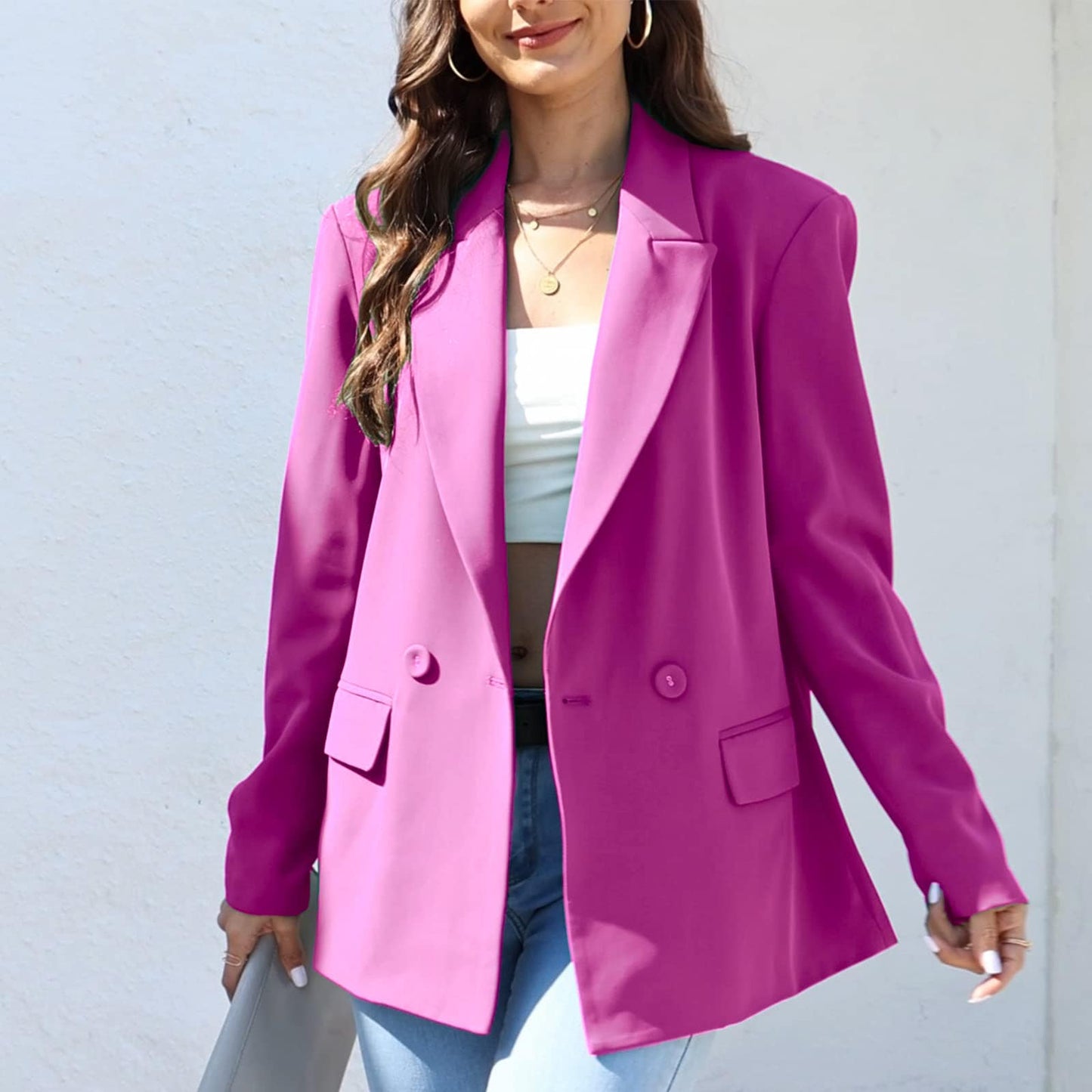 Blazer de costume surdimensionné à double boutonnage pour femme, veste à manches longues, style petit ami décontracté, blazer de travail et de bureau avec poches