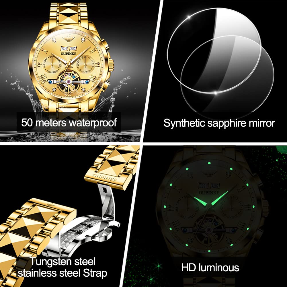 OUPINKE Men's Watch Automatic 44mm Big Dial Tungsten Steel Strap Date Waterproof Luxury Sapphire Crystal