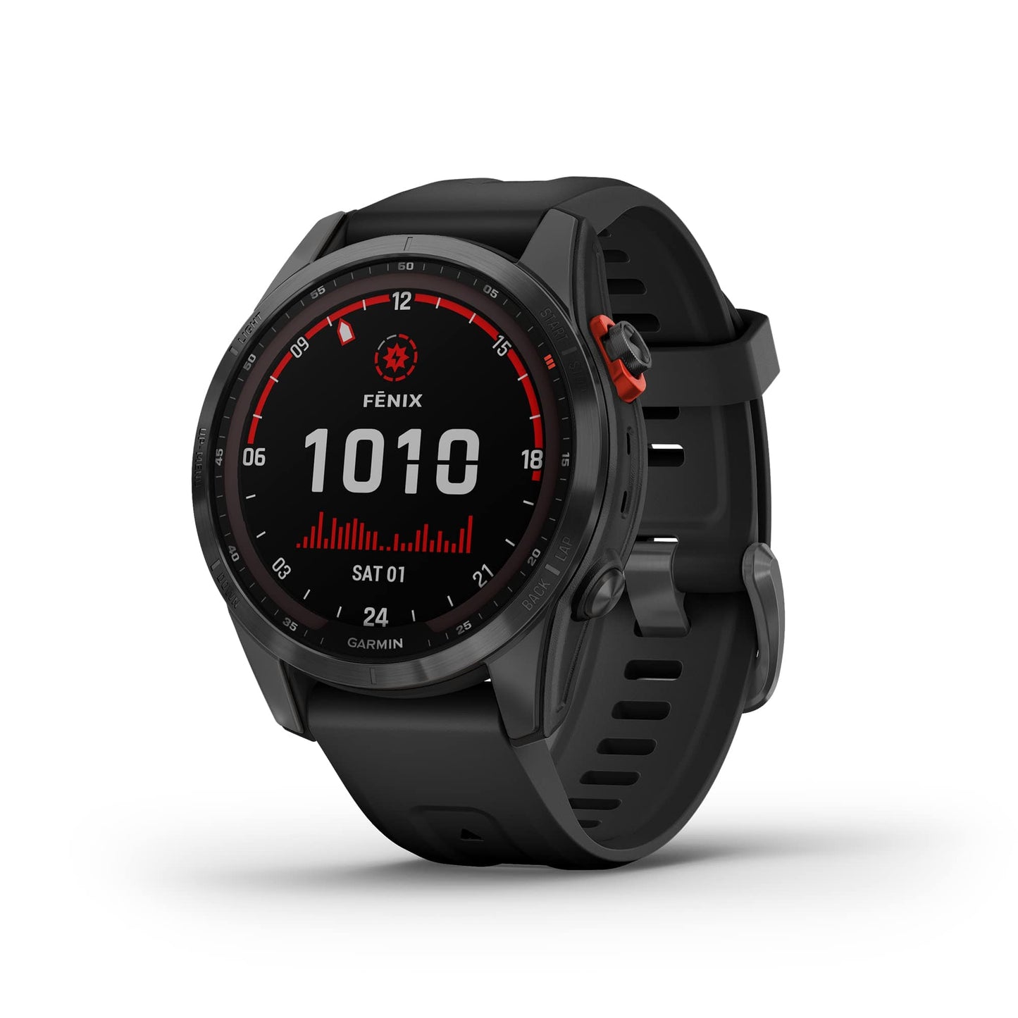 Garmin fenix 7S, smaller sized adventure smartwatch, rugged outdoor watch with GPS, touchscreen, health and wellness features, silver with graphite band, 010-02539-00