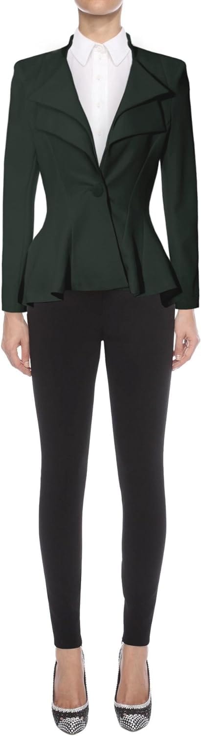 Hybrid & Company Women's Casual Work Office Dressy Double Notch Lapel Sharp Shoulder Pad Single Button Peplum Comfy Blazer