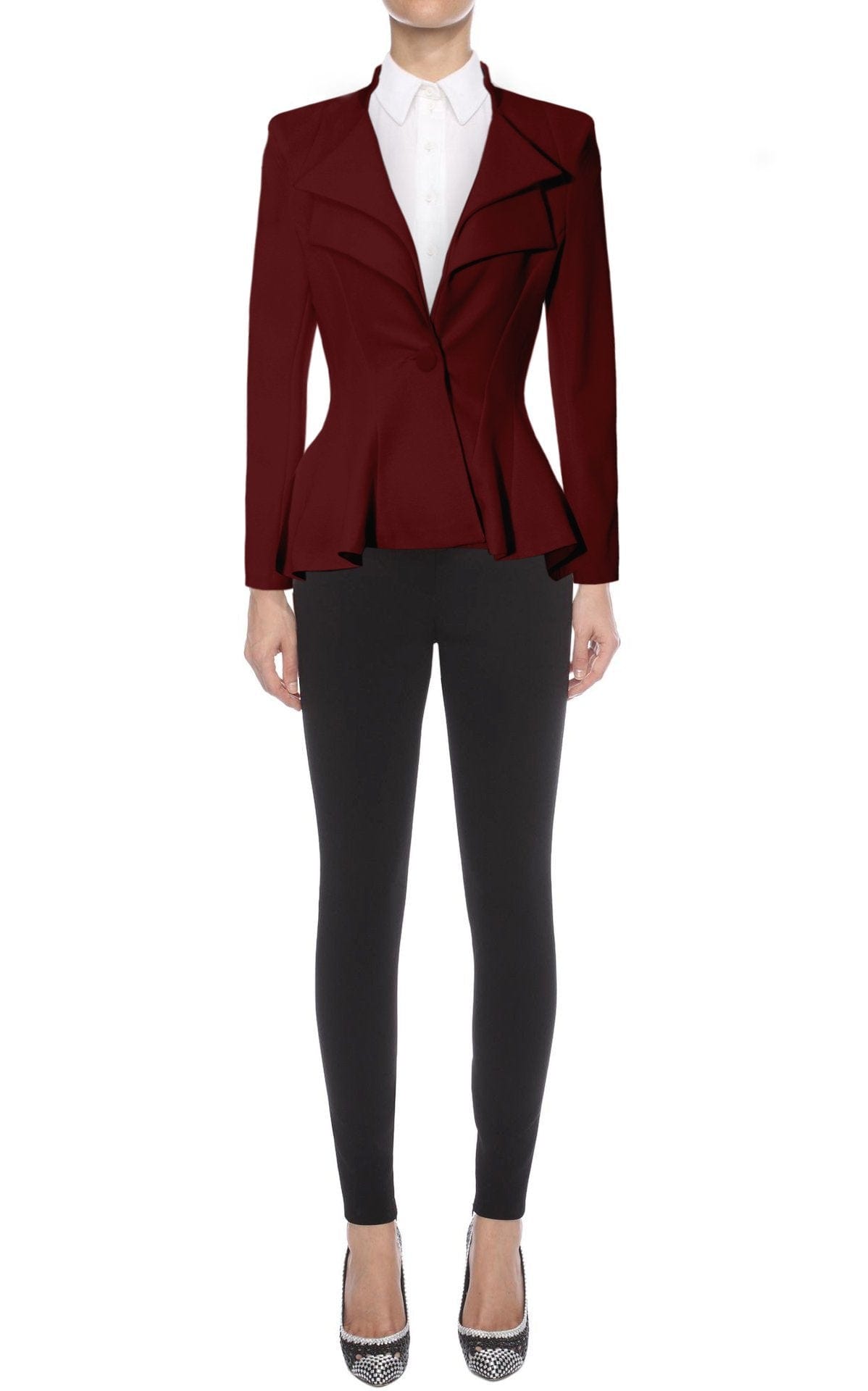 Hybrid & Company Women's Casual Work Office Dressy Double Notch Lapel Sharp Shoulder Pad Single Button Peplum Comfy Blazer