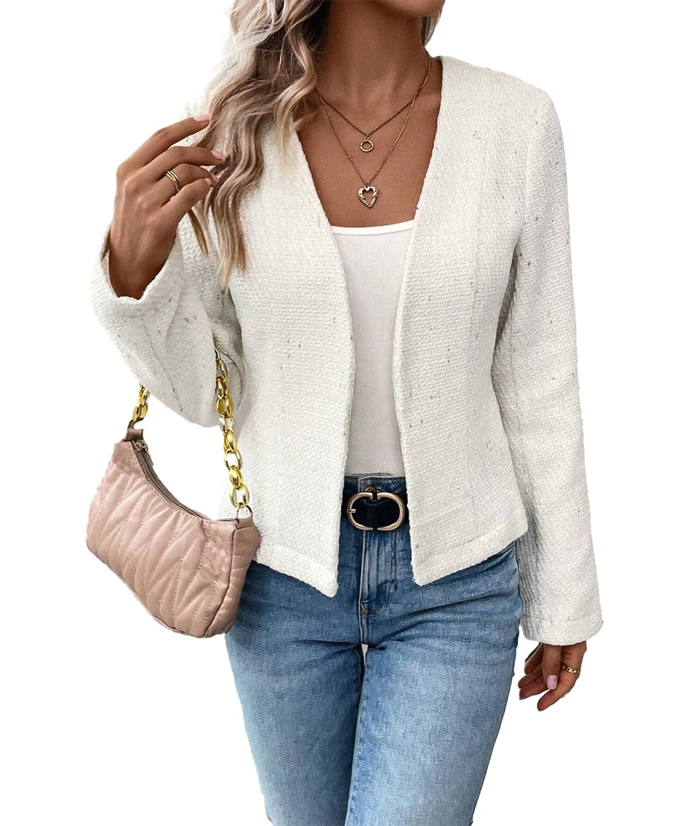 Mina Self 2024 Summer Cropped Collarless Blazer Lightweight Fully Lined Open Front Elegant Petite Work Office Jackets