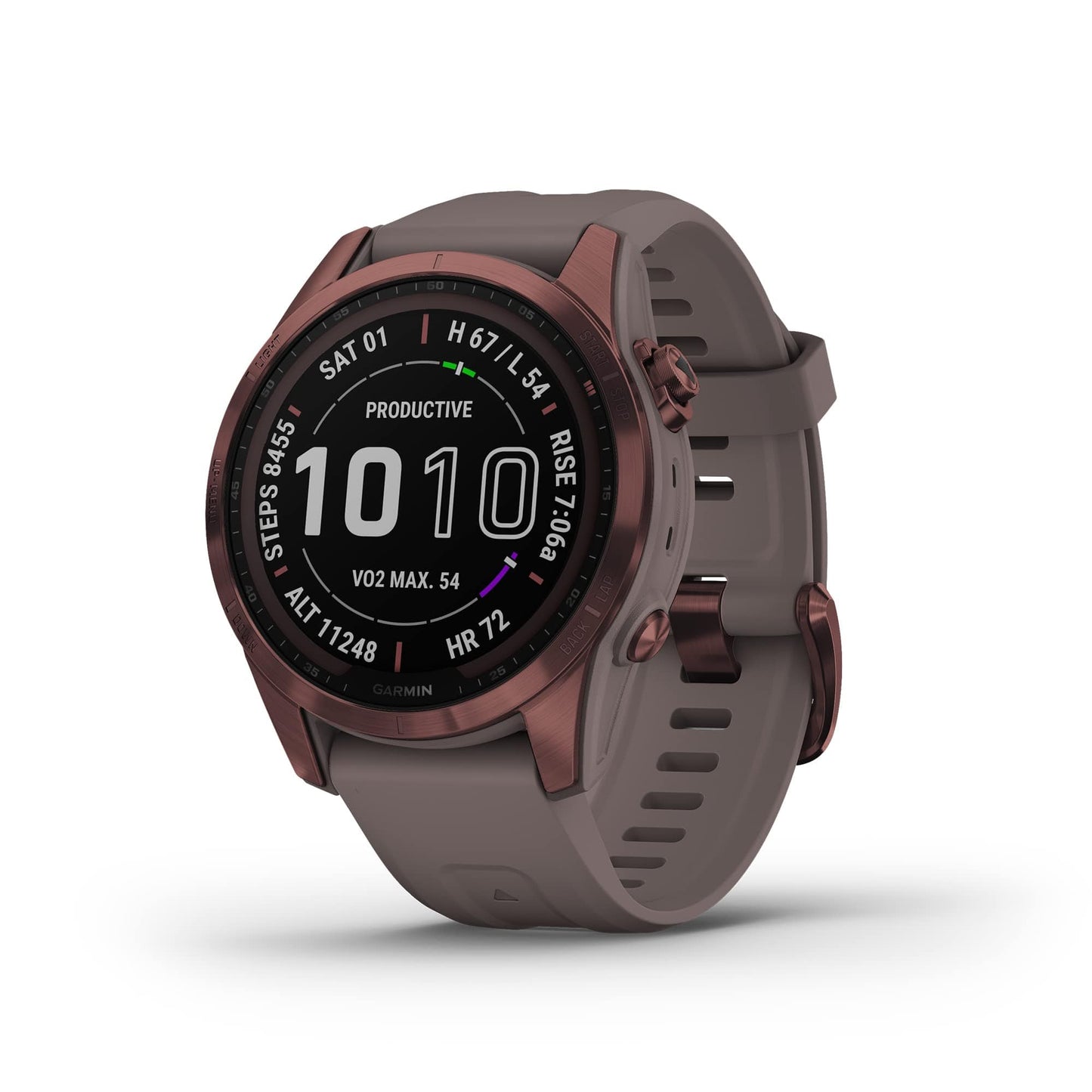 Garmin fenix 7S, smaller sized adventure smartwatch, rugged outdoor watch with GPS, touchscreen, health and wellness features, silver with graphite band, 010-02539-00