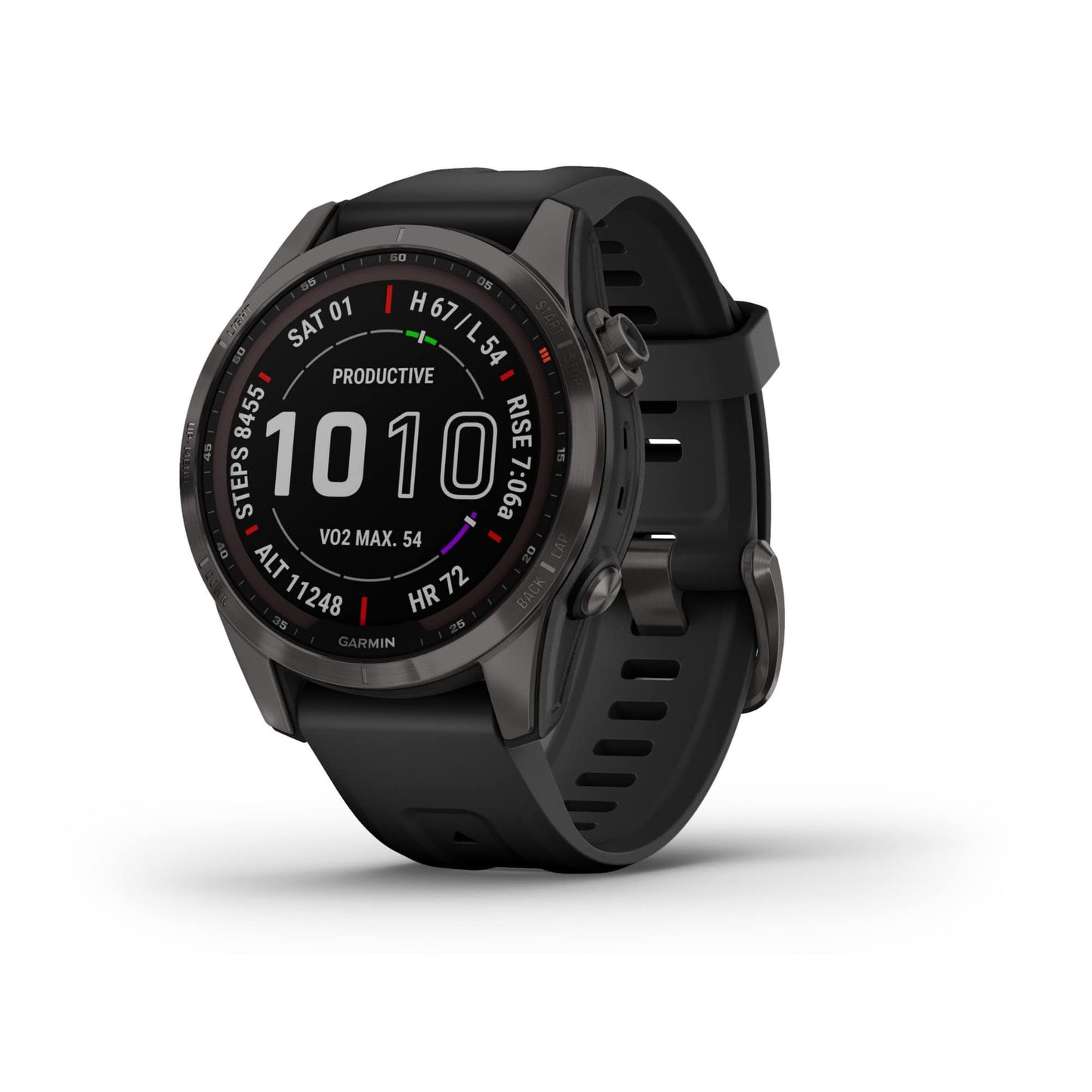 Garmin fenix 7S, smaller sized adventure smartwatch, rugged outdoor watch with GPS, touchscreen, health and wellness features, silver with graphite band, 010-02539-00