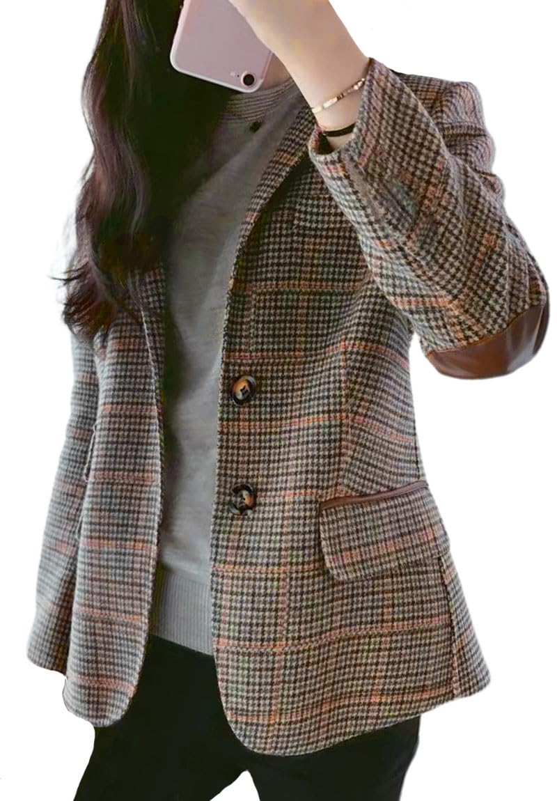 ebossy Womens Vintage Nothced Lapel Single Breasted Boyfriend Blazer Suits Houndstooth Plaid Jacket Coat with Patched Elbow