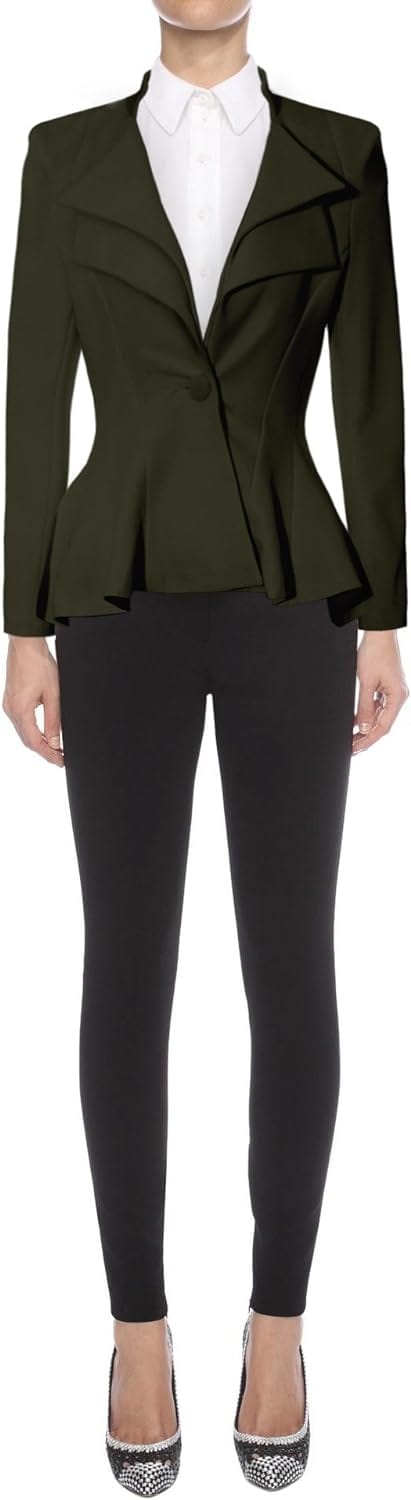 Hybrid & Company Women's Casual Work Office Dressy Double Notch Lapel Sharp Shoulder Pad Single Button Peplum Comfy Blazer