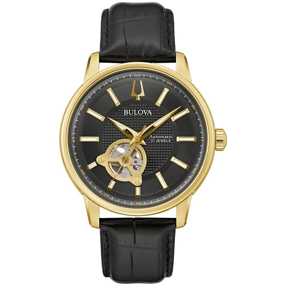 Bulova Reloj clásico automático para hombre con correa de cuero de 3 manecillas, 21 joyas, función Hack, manecillas y marcadores luminosos, apertura abierta y fondo de caja de exhibición 