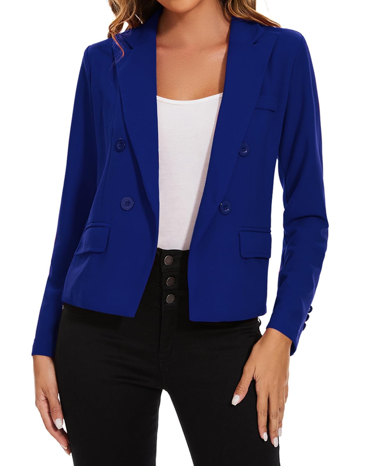 MINTLIMIT Blazers para mujer de negocios casual de manga larga recortada Blazer pico solapa doble botonadura chaqueta con bolsillos 