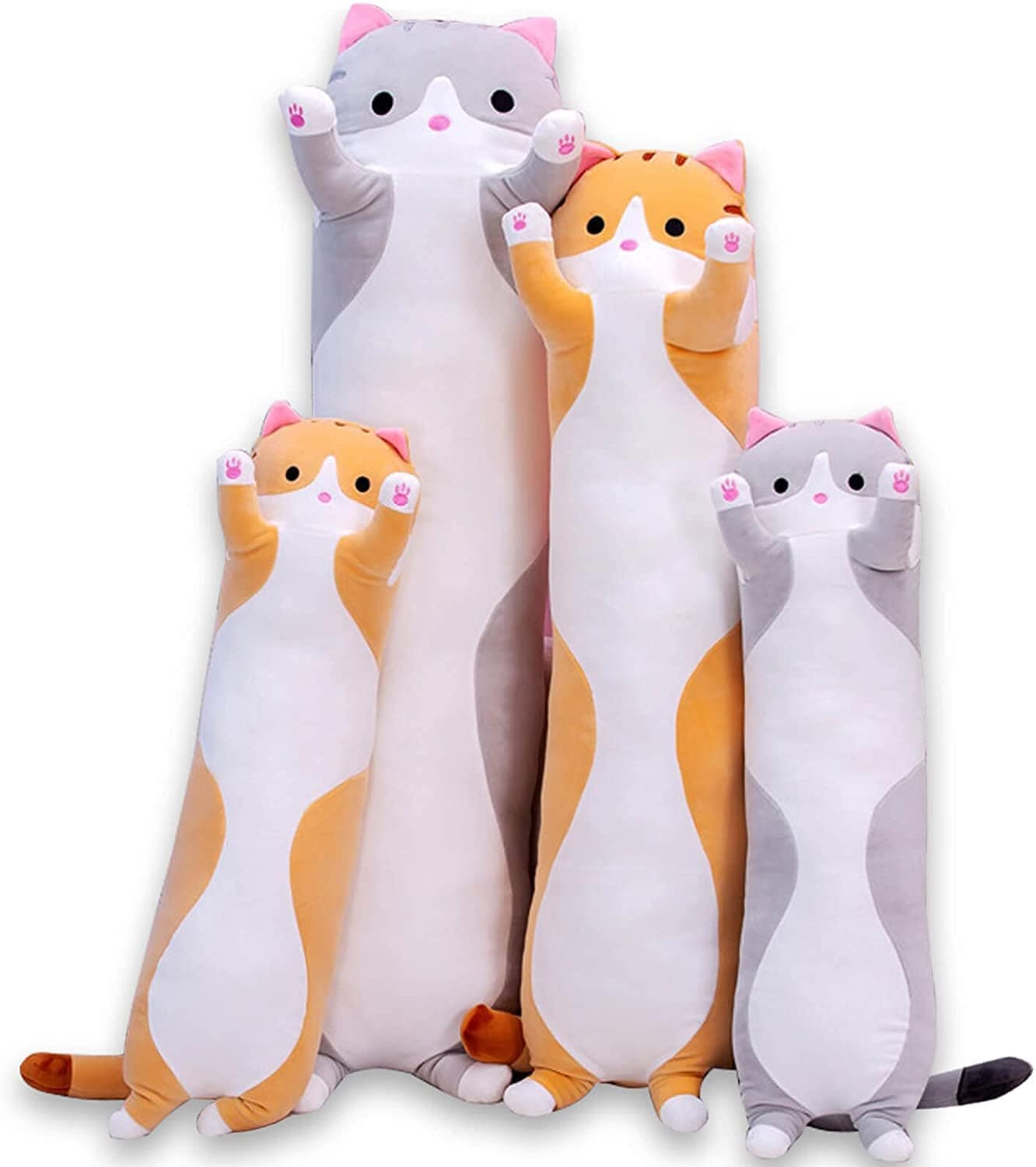 Oeonuas Cute Cat Plush Long Body Pillow Cuddle Cartoon Stuffed Animals Cat Plushie Soft Doll Pillows Gifts for Kids Girls(Gray, 27")