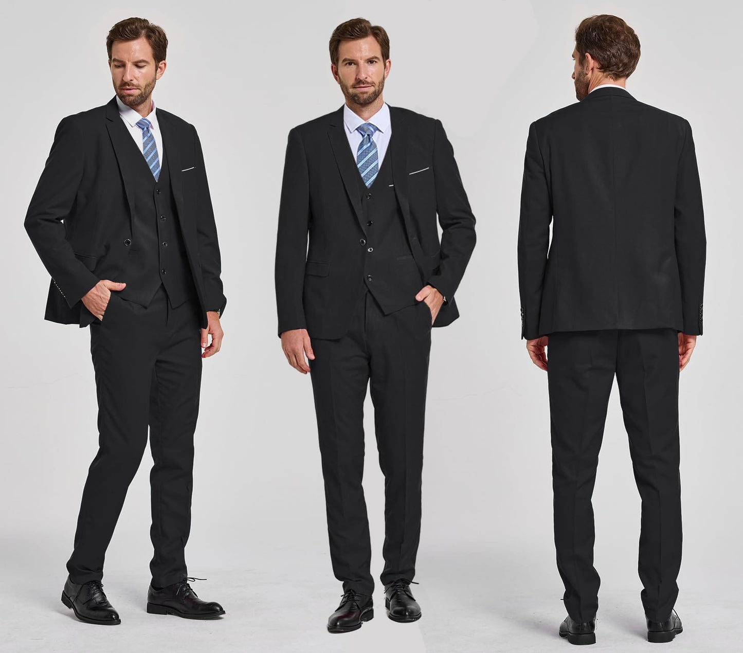 MY'S Men's 3 Piece Solid Suit Set, One Button Slim Fit Jacket Vest Pants with Tie