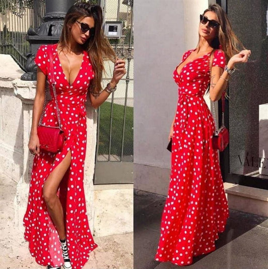 New Women Wave Point Short Sleeve Ladies V Neck Stretch Bodycon Maxi Dress