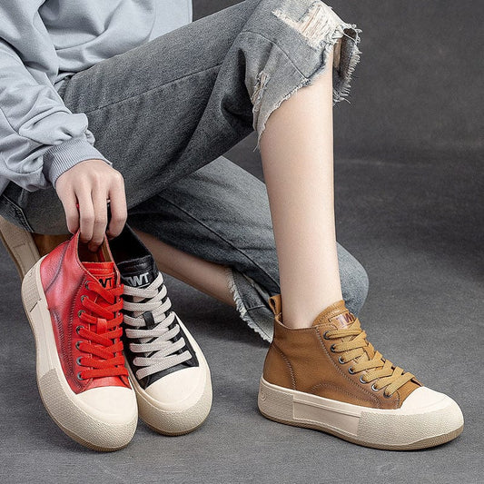 High-top Casual Sneakers First Layer Cowhide Toe Box Women's Shoes Vintage