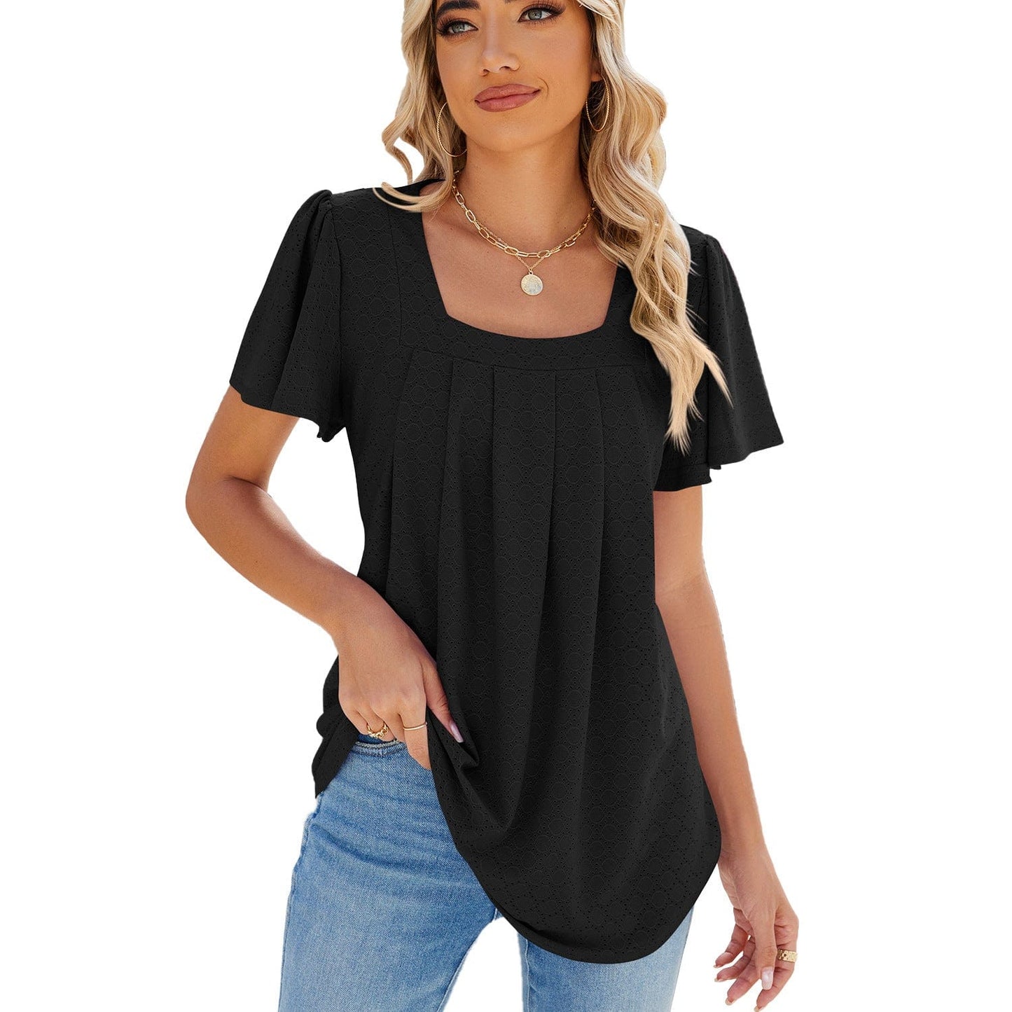 Summer Square Neck Pleated Short-sleeved T-shirt Loose Solid Color Ruffled Hollow Design Top For Womens Clothing