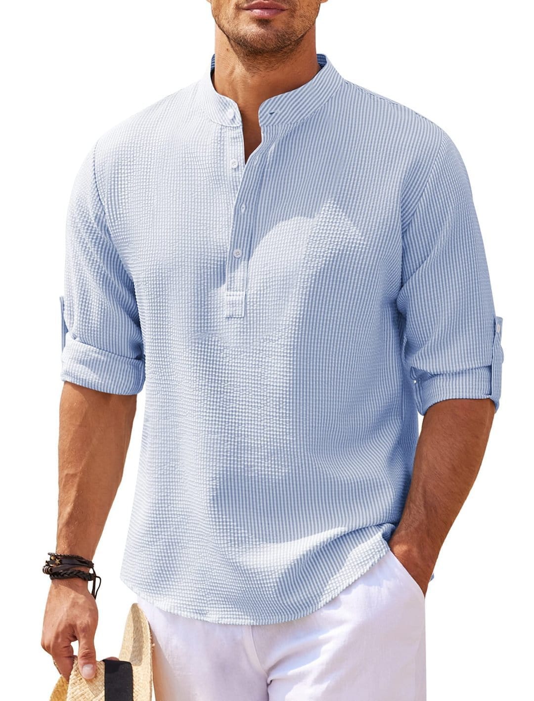 Chemise décontractée à manches longues pour hommes, col montant, couleur unie, vêtements pour hommes