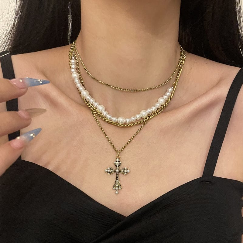 Collier avec pendentif en croix de perles multicouches personnalisé pour femmes, chaîne de clavicule, de tempérament, bijoux, accessoires, cadeaux