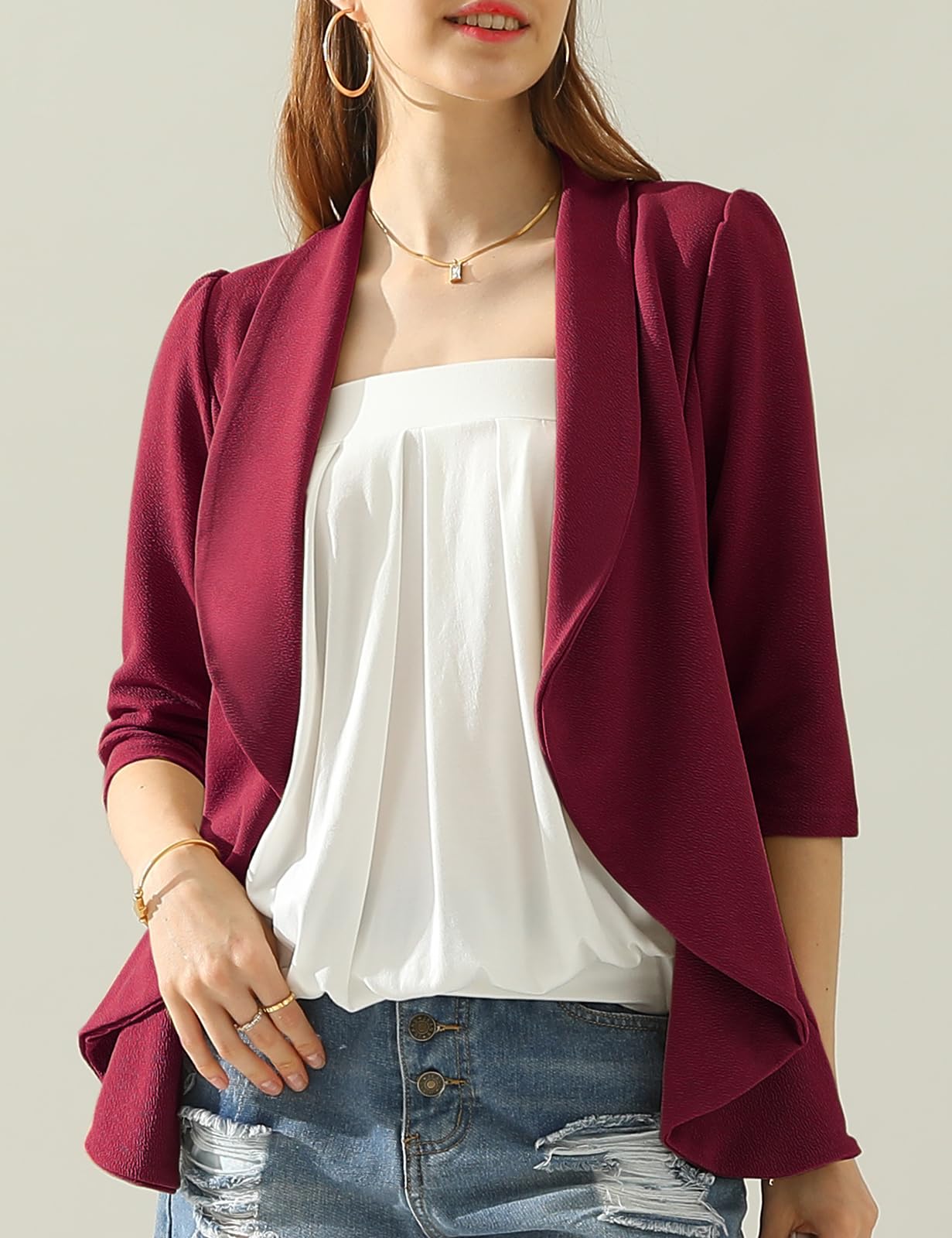 DOUBLJU Blazer léger et fin à manches 3/4 ouvert sur le devant - Veste déconstruite décontractée pour femme - Vêtements de grande taille 