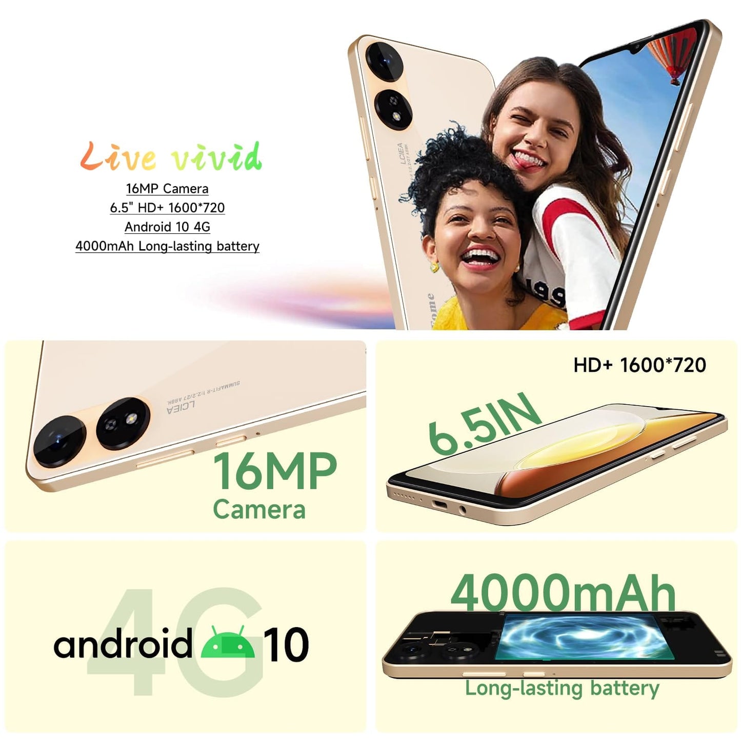 X1 2024 Nouveau téléphone portable débloqué 4G LTE GSM Écran HD+ de 6,5 pouces 4000 mAh Android 10 Smart Phone 16 MP Smartphone double SIM (pour T-Mobile Metro Mint Tello USA Market) Déverrouillage facial (Or) 