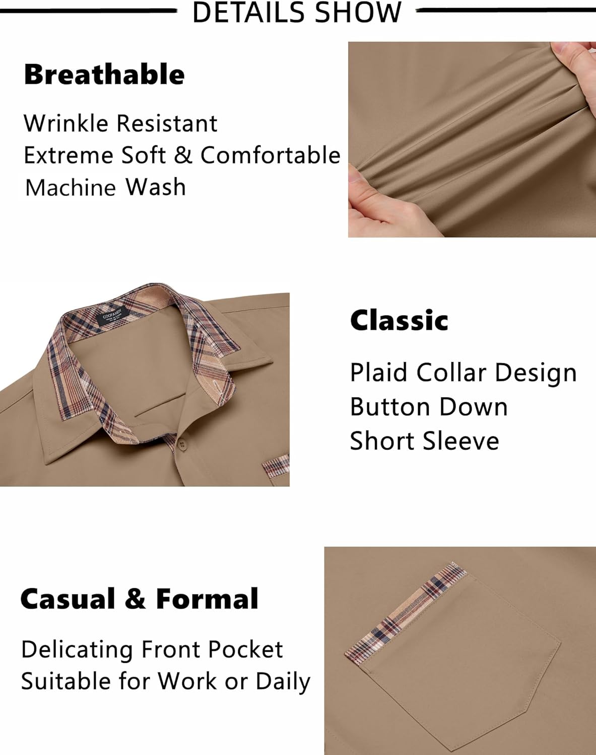 COOFANDY Mens Short Sleeve Dress Shirts Casual Wrinkle Free Shirt Plaid Collar Summer Button Down Shirts