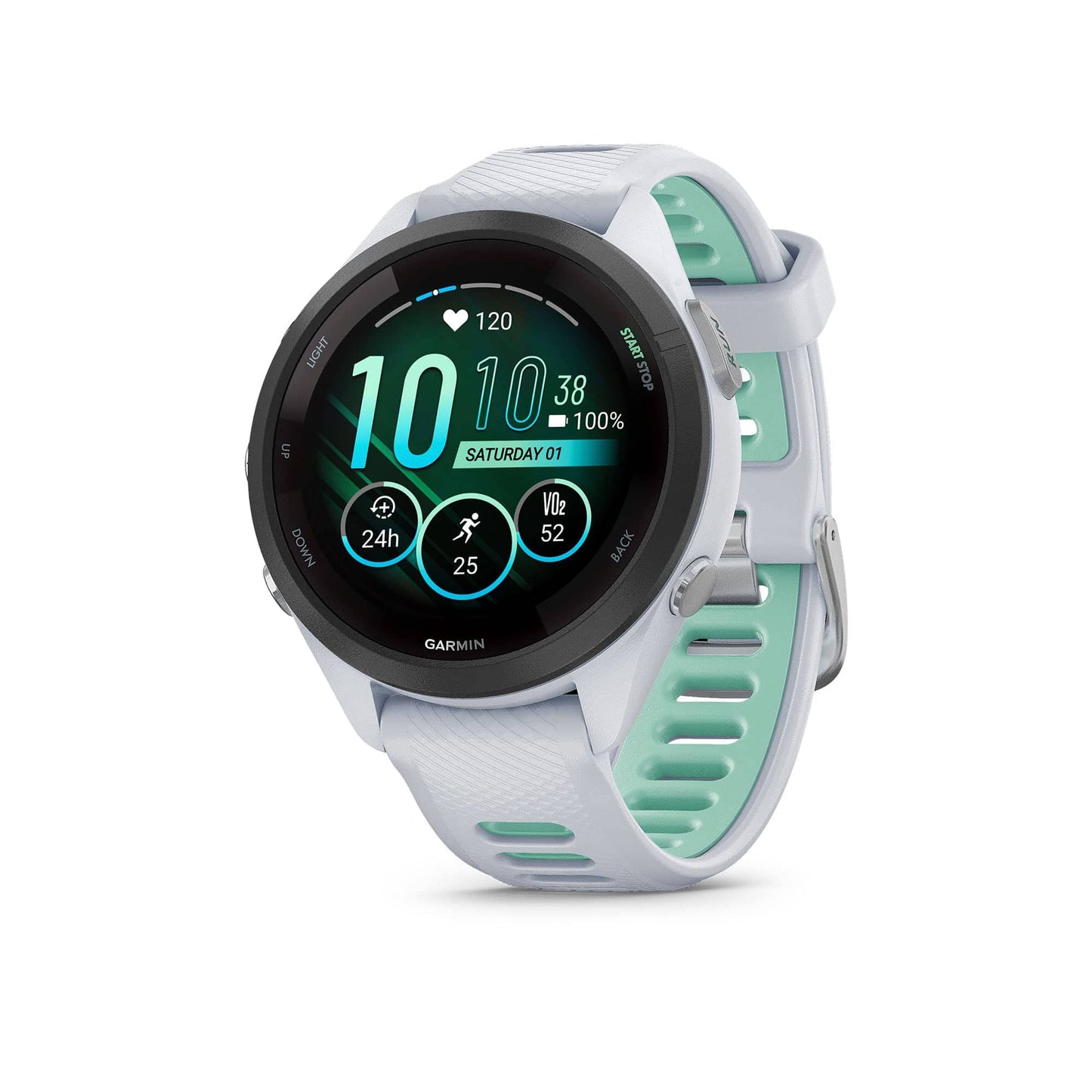 Reloj inteligente para correr Garmin Forerunner 265, pantalla AMOLED colorida, métricas de entrenamiento e información de recuperación, Whitestone y Tidal Blue 