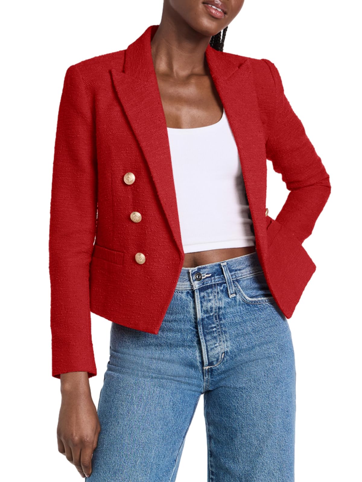 Cicy Bell Women Double Breasted Cropped Blazer Jackets Lapel Open Front Long Sleeve Business Suit Jackets with Pocket