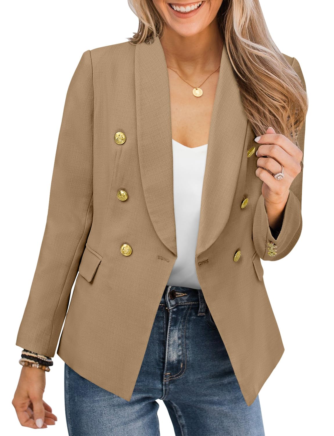 CRAZY GRID Womens Casual Blazer Jacket Gold Button Long Sleeve Work 0ffice Blazer Lapel Open Front Jacket