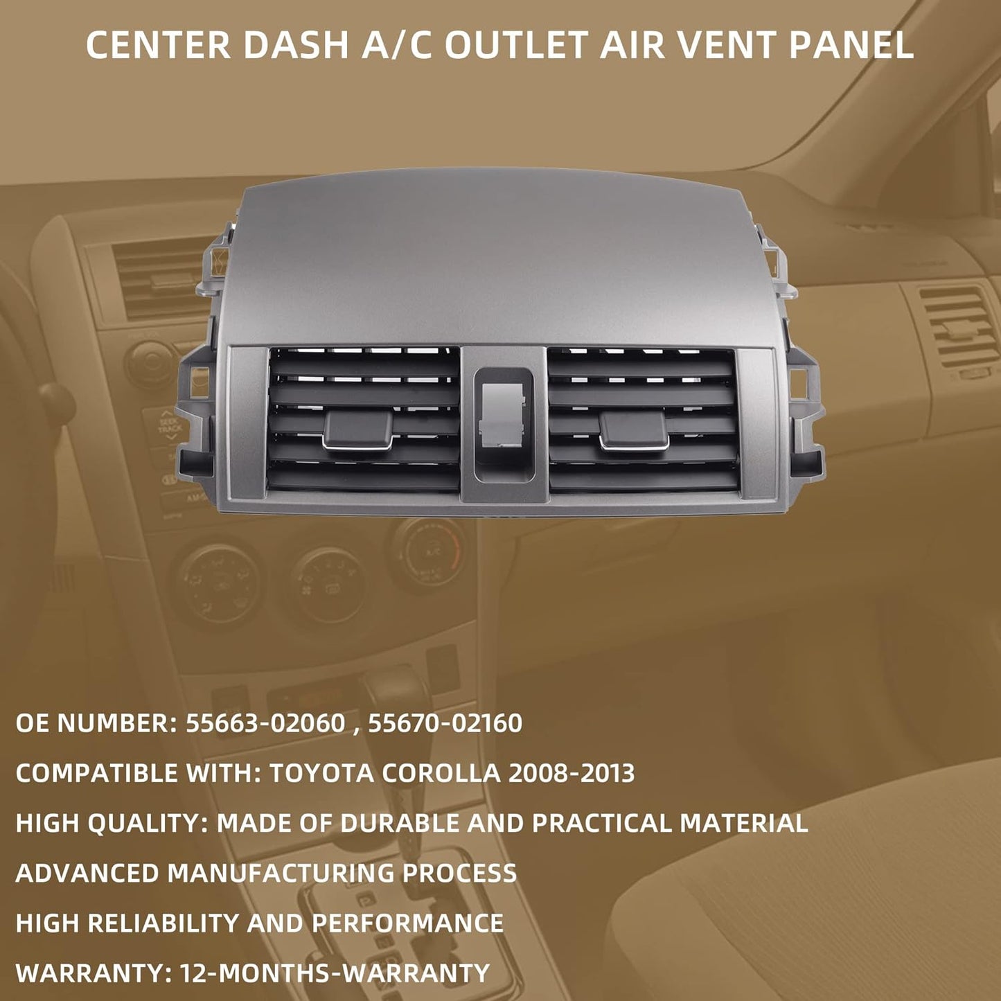 Dasbecan 55670-02160 Center Dash A/C Outlet Air Vent Panel Compatible with Toyota Corolla 2008 2009 2010 2012 2013 55663-02060