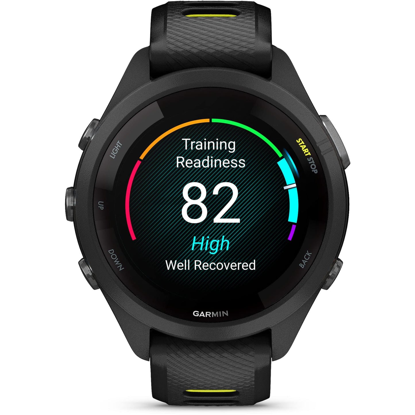 Montre intelligente de course Garmin Forerunner 265, écran AMOLED coloré, mesures d'entraînement et informations de récupération, pierre blanche et bleu marée 