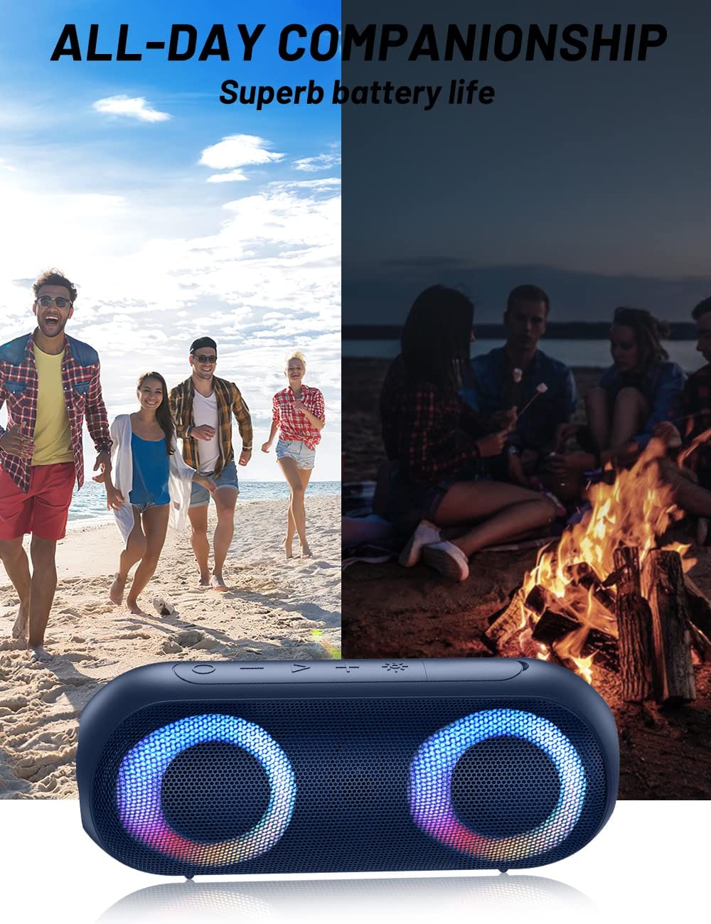 Altavoces Bluetooth con luz, Bluetooth inalámbrico portátil de 30 W (rango de 100 pies), sonido estéreo fuerte, altavoces de ducha impermeables IPX7, luces rítmicas multicolores RGB, tiempo de reproducción de 1000 minutos para interiores y exteriores 