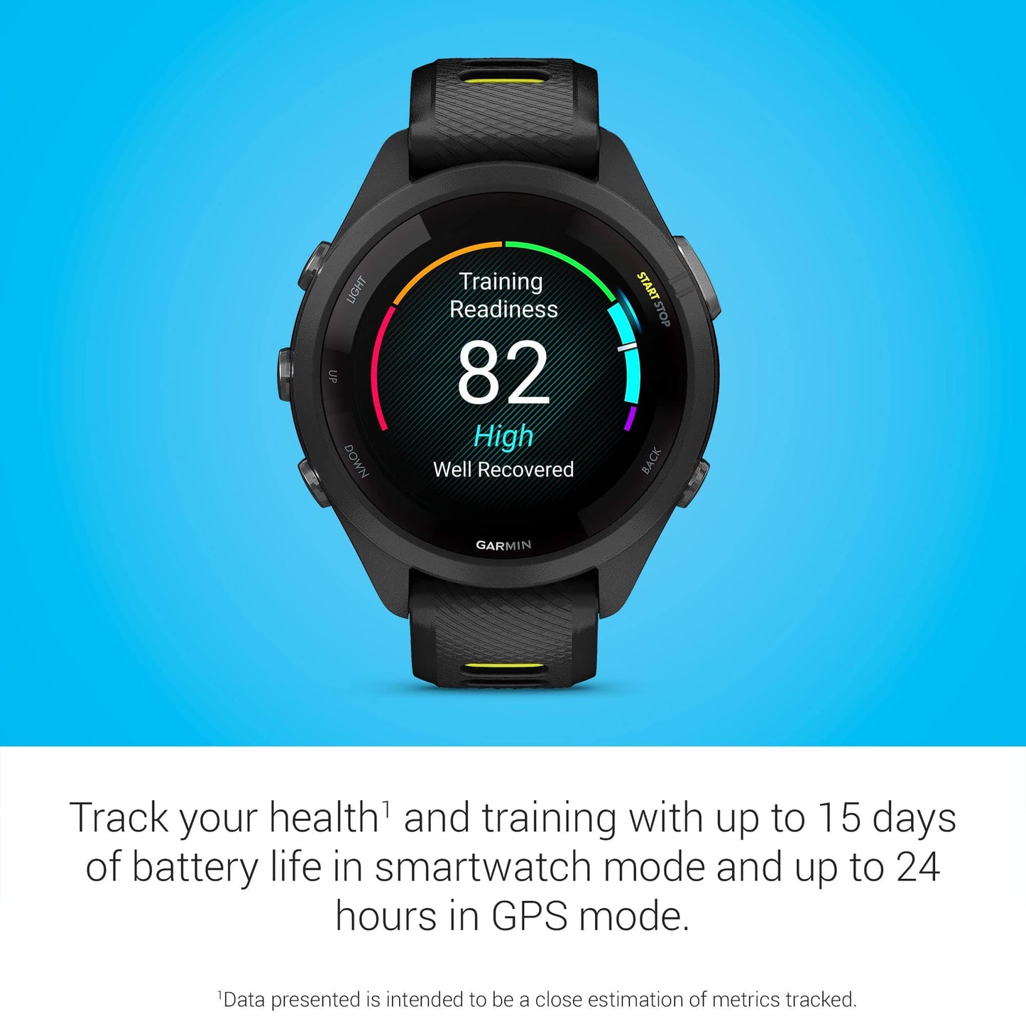 Montre intelligente de course Garmin Forerunner 265, écran AMOLED coloré, mesures d'entraînement et informations de récupération, pierre blanche et bleu marée 