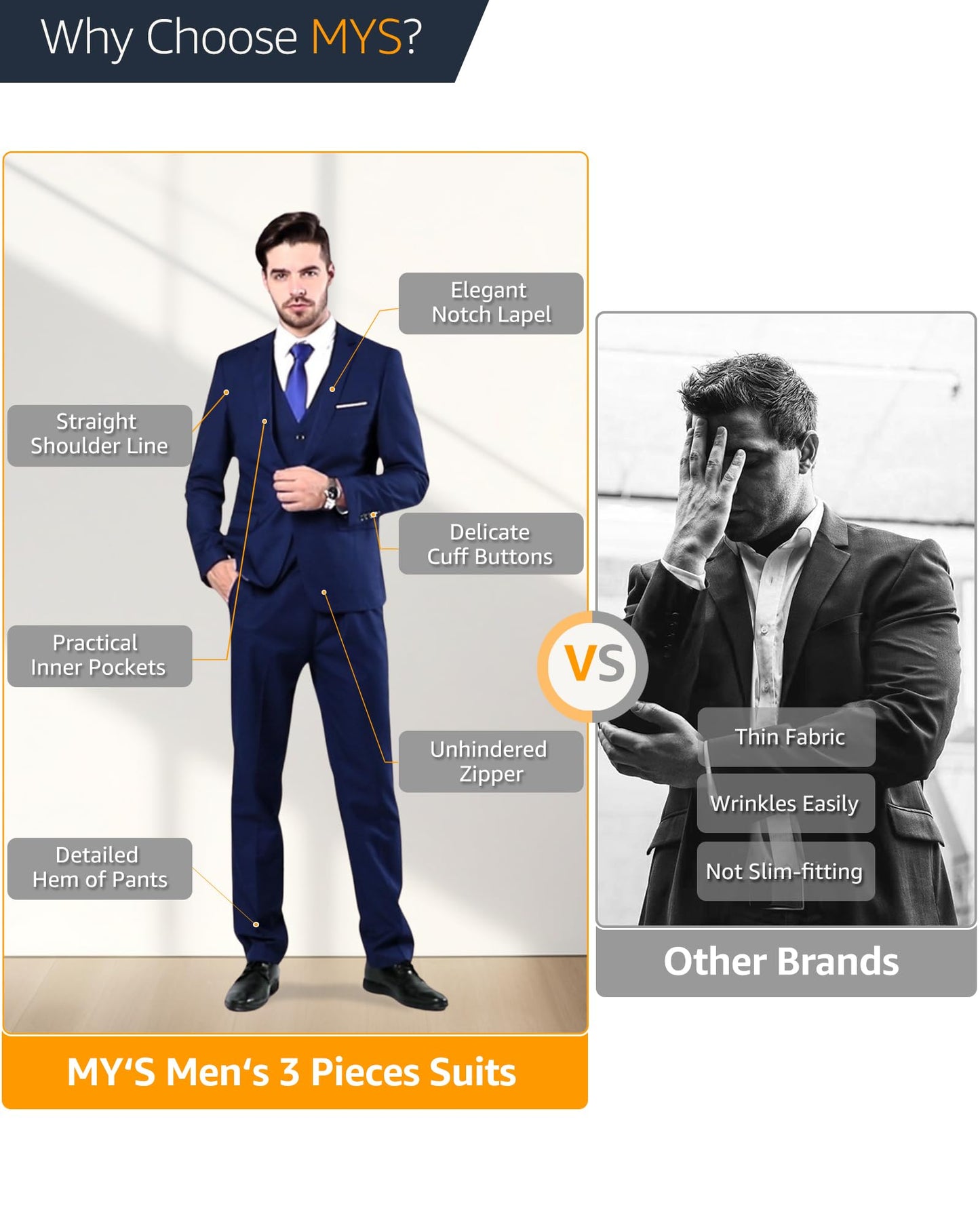 MY'S Men's 3 Piece Solid Suit Set, One Button Slim Fit Jacket Vest Pants with Tie