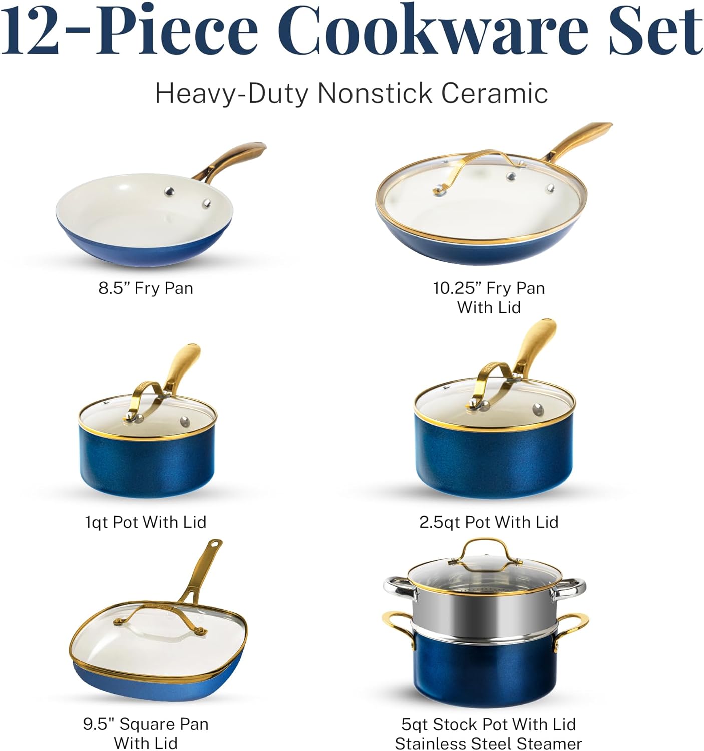 GOTHAM STEEL Lot de 12 casseroles et poêles en céramique antiadhésives, batterie de cuisine, batterie de cuisine, batterie de cuisine en céramique, batterie de cuisine non toxique, casseroles et poêles antiadhésives, passe au lave-vaisselle – Crème Marine