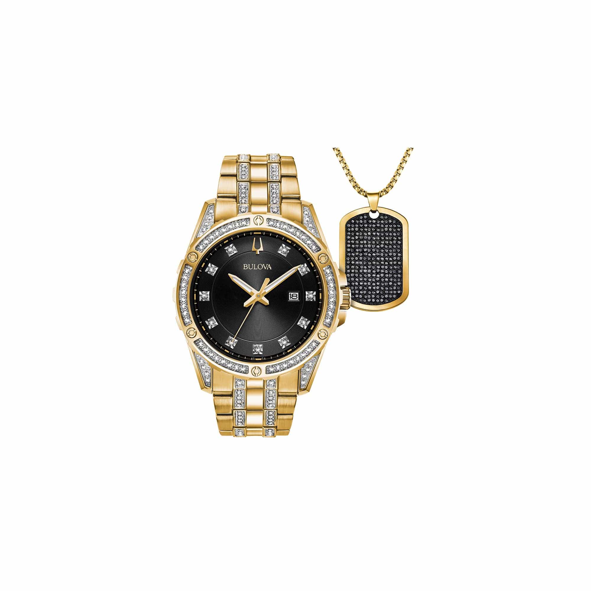 Bulova Set de regalo para hombre con detalles de cristal, reloj de cuarzo con fecha de 3 manecillas y collar de cadena con etiqueta para perro 