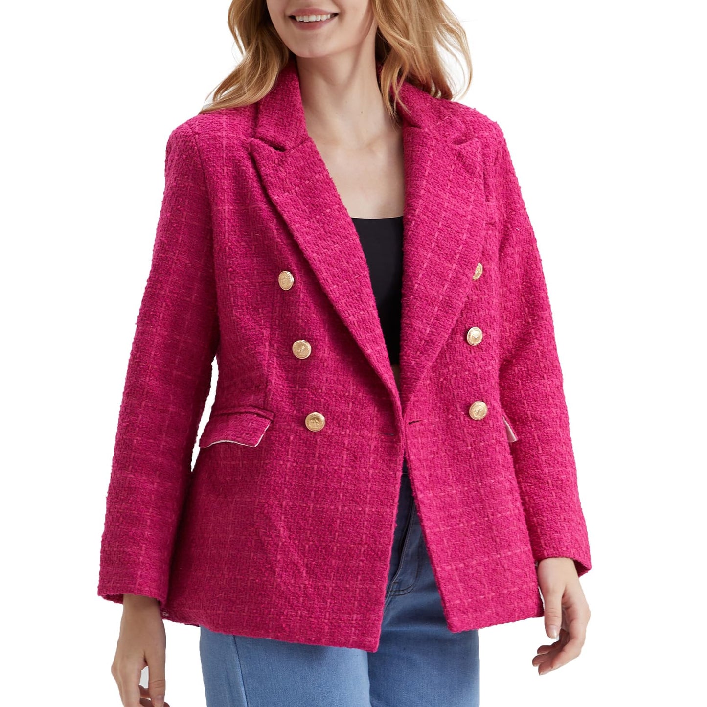 Rixiland Tweed Blazers Vestes pour Femmes Double Boutonnage Revers Manches Longues Bureau Jolie Blazer 