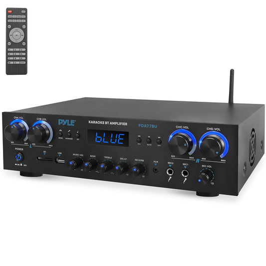 Pyle Amplificateur audio home cinéma Bluetooth Récepteur stéréo 4 canaux 500 W Système audio avec MP3, USB, SD, AUX, RCA, FM, MIC, casque, délai de réverbération, volume LED, pour haut-parleurs maison/studio/théâtre 