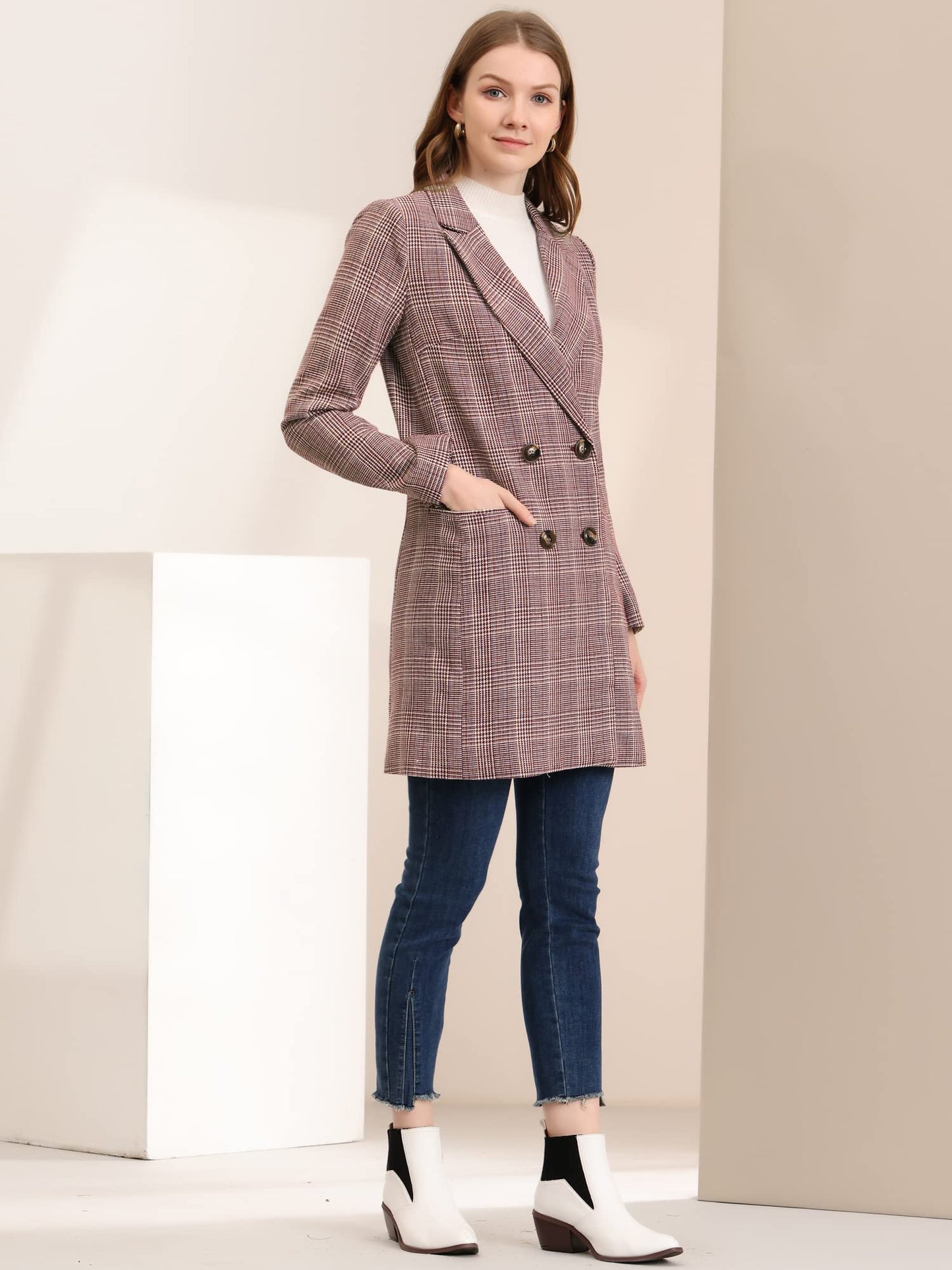 Allegra K Manteau blazer croisé à revers cranté pour femme 