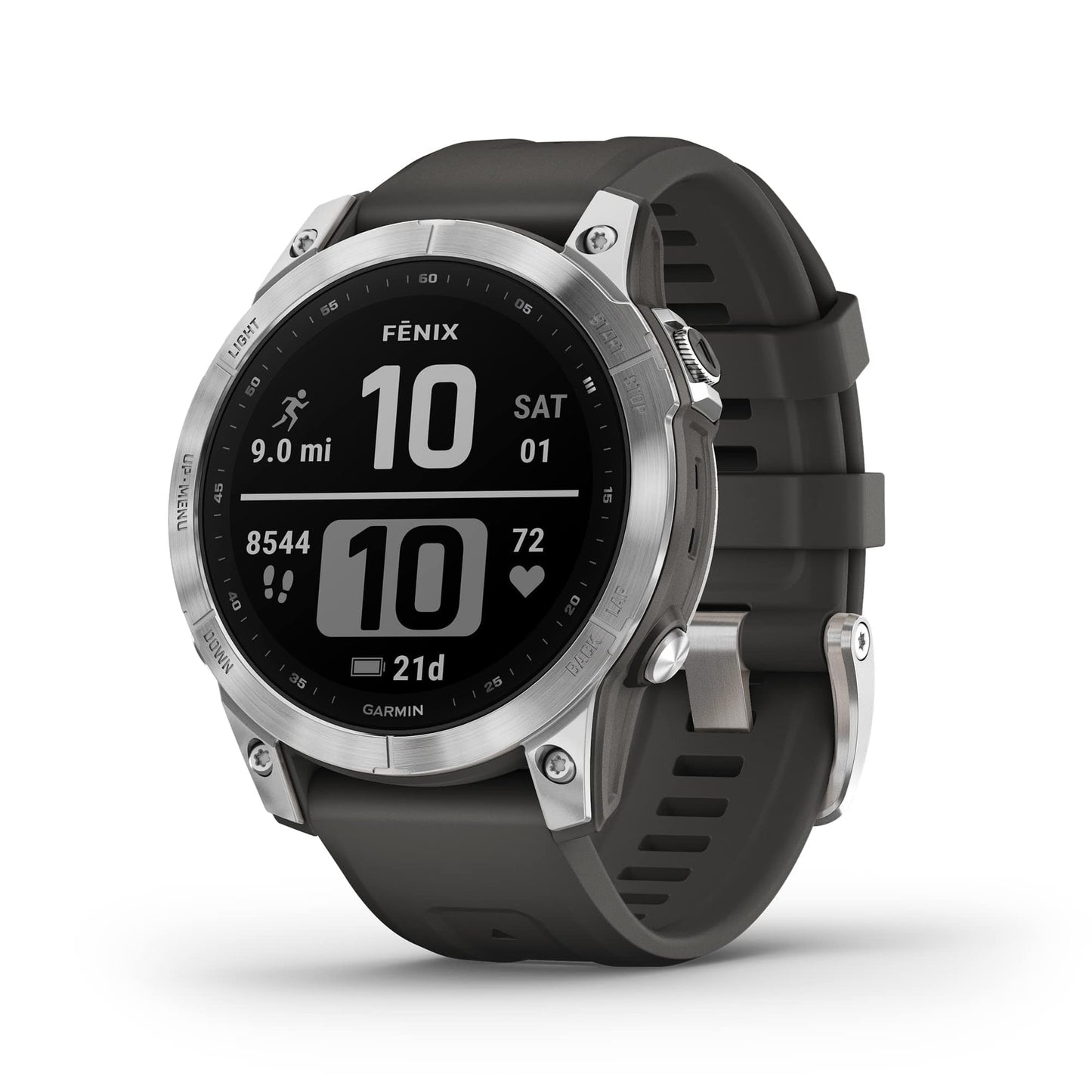 Garmin fenix 7S, smaller sized adventure smartwatch, rugged outdoor watch with GPS, touchscreen, health and wellness features, silver with graphite band, 010-02539-00