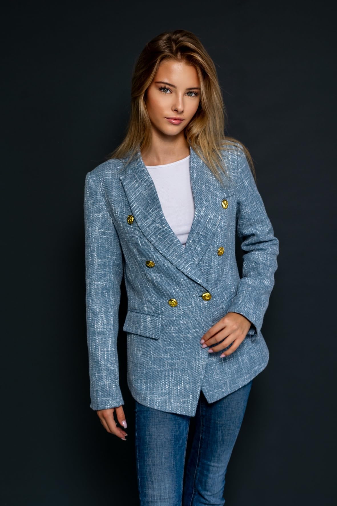 Happy Sailed Womens Tweed Blazers Casual Long Sleeve Double Breasted Open Front Blazer Jackets Work Suits