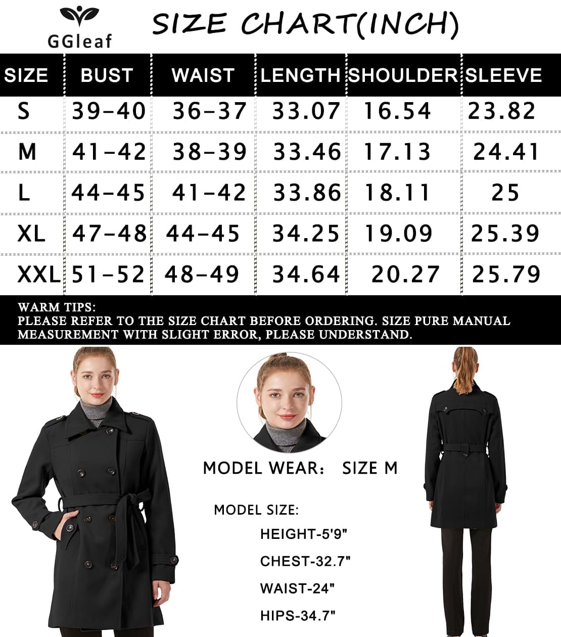 GGleaf Women's Classic Double Breasted Pea Coat Winter Mid-Long Slim Trench Coat with Belt