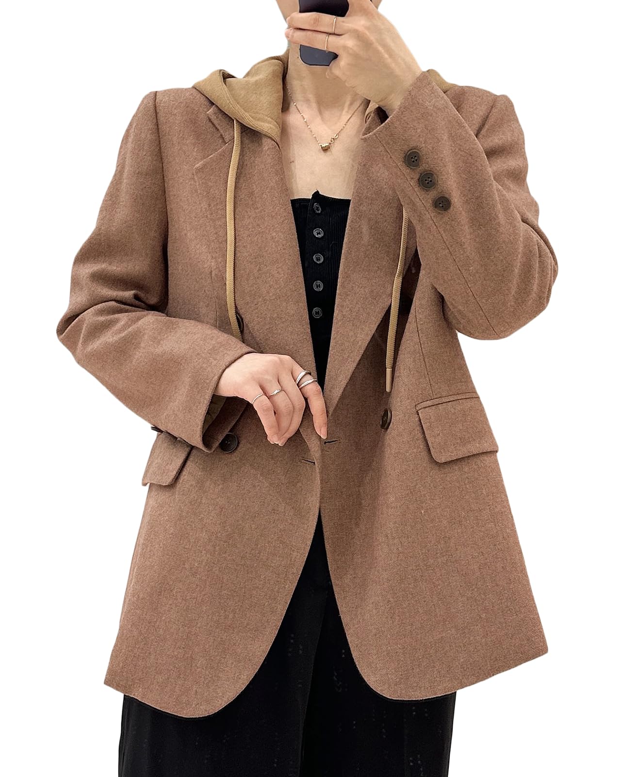 Mina Self Oversize Blazer Jacket for Women Hooded 2024 New Four Seasons Plus Size Casual Open Front Work Office Suit (XS-XXL)