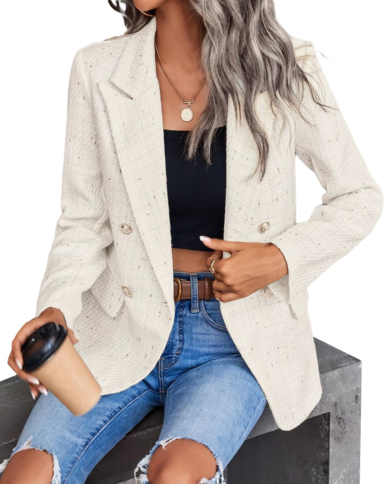 Womens Casual Blazer 2024 Spring Open Front Business Work Tweed Plaid Jacket Suit Pocket (S-XXL)