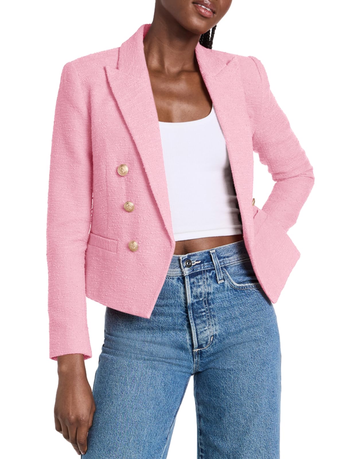 Cicy Bell Women Double Breasted Cropped Blazer Jackets Lapel Open Front Long Sleeve Business Suit Jackets with Pocket