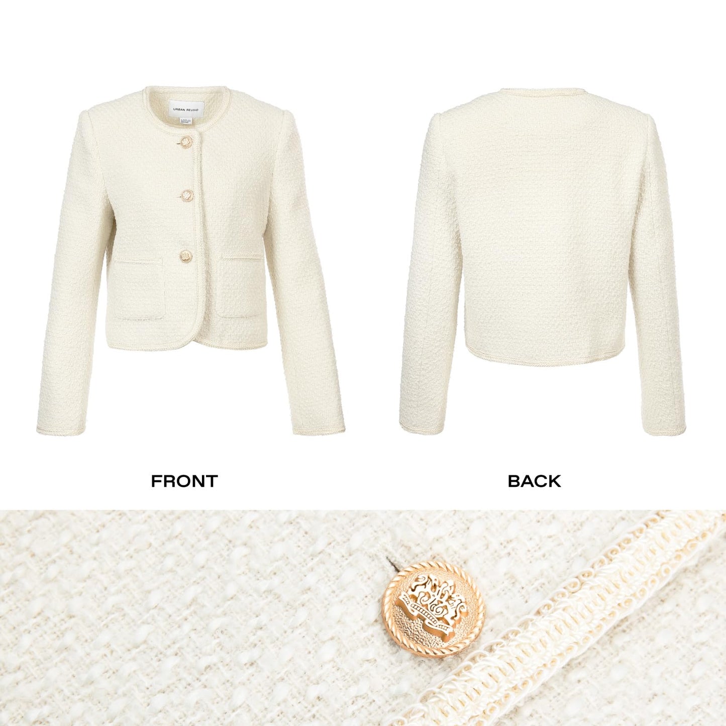 URBAN REVIVO Tweed Casual Blazer Jacket for Women Cropped Crew Open Front Gold Button Blazer Office