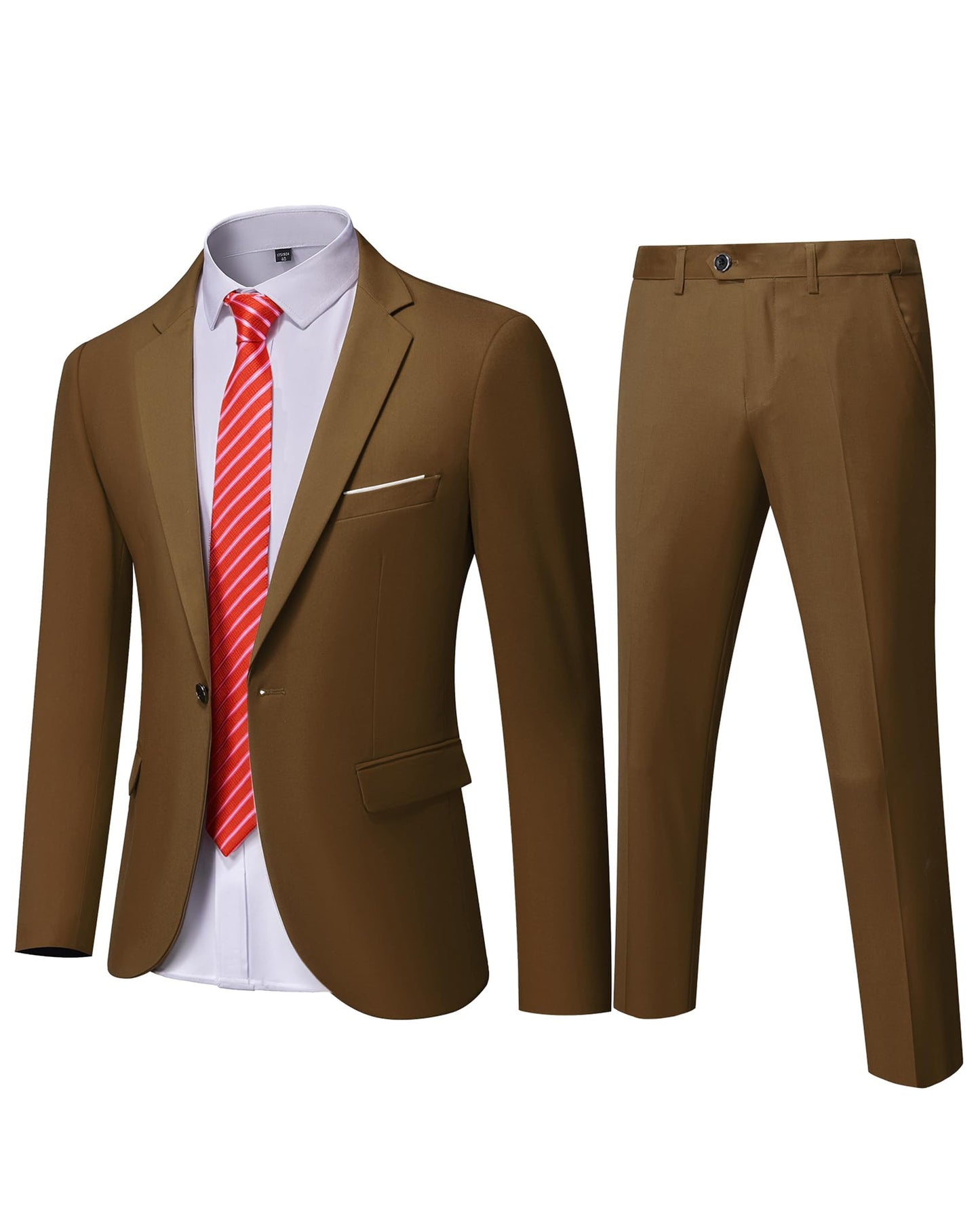 YND Men's Slim Fit 2 Piece Suit, One Button Solid Jacket Pants Set with Tie