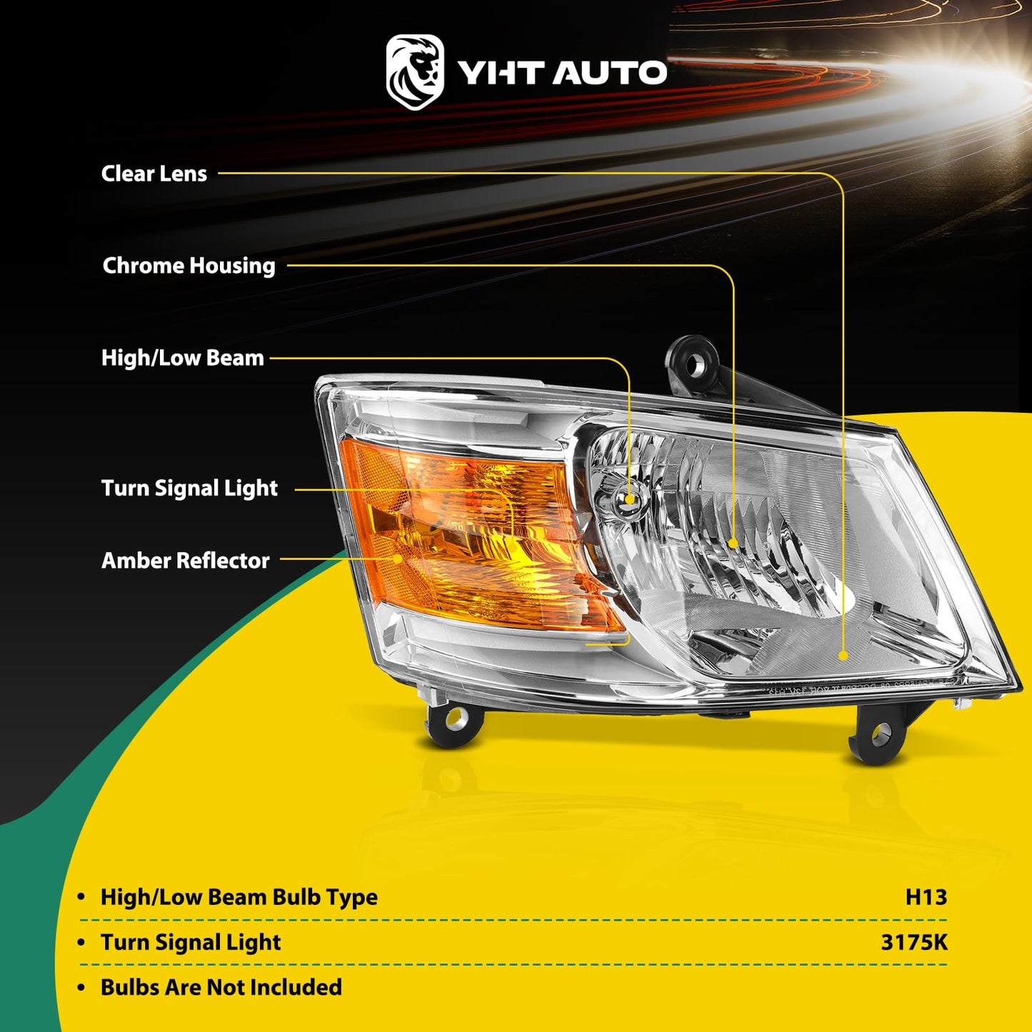 YHTAUTO Headlights Assembly Fits 2008-2016 Chrysler Town & Country, 2011-2020 Dodge Grand Caravan Head Lights Lamps Clear Lens Chrome Housing Waterproof Headlamps DOT Approved