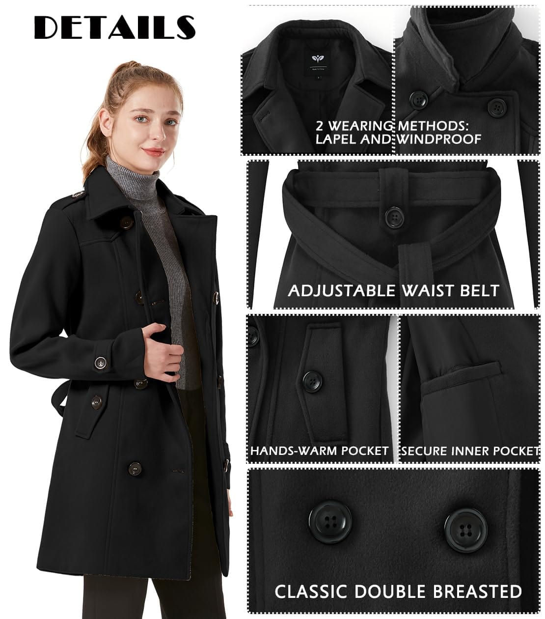 GGleaf Women's Classic Double Breasted Pea Coat Winter Mid-Long Slim Trench Coat with Belt