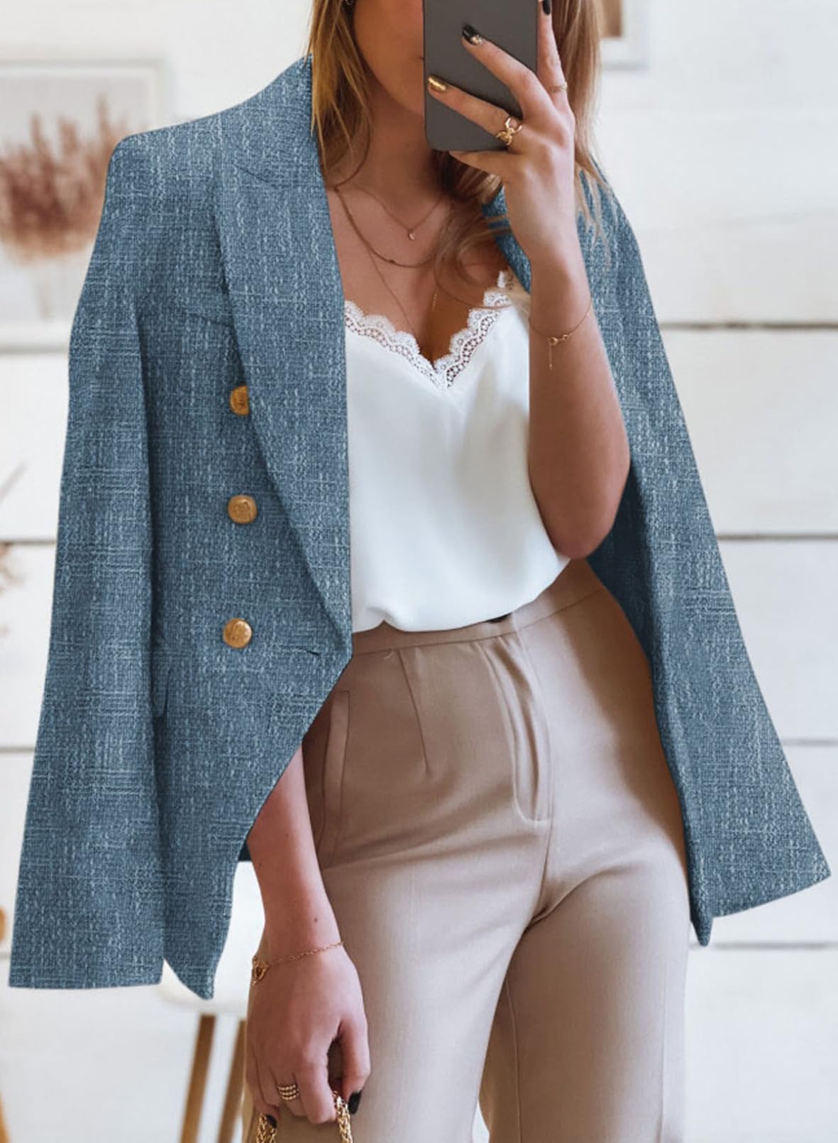 Happy Sailed Blazers de Tweed para Mujer Casual Manga Larga Doble Botonadura Frente Abierto Blazer Chaquetas Trajes de Trabajo 