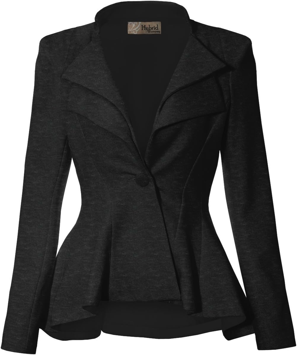 Hybrid & Company Women's Casual Work Office Dressy Double Notch Lapel Sharp Shoulder Pad Single Button Peplum Comfy Blazer